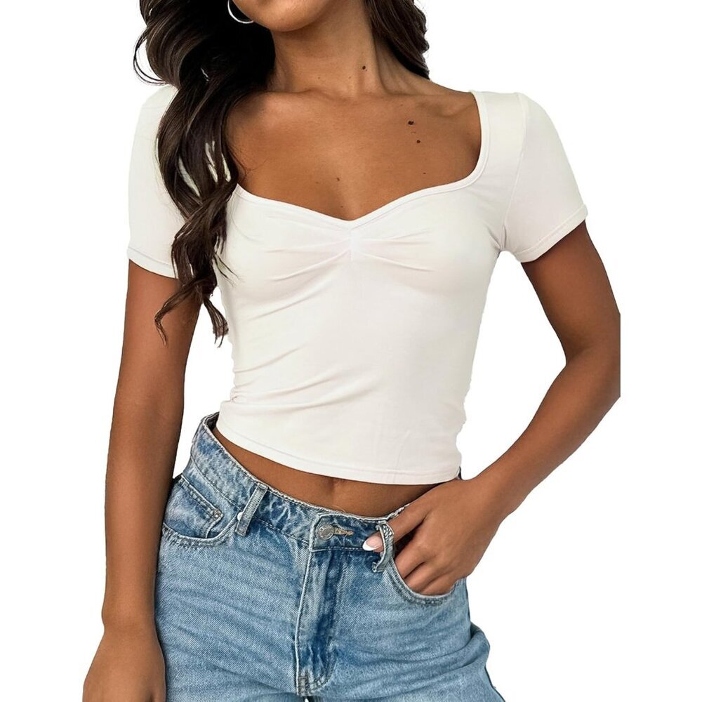 Women's Cropped Tops White Short Sleeve Pleated Ruched Casual Sweetheart Neck